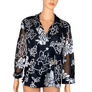 Alex Evenings Elegant Dress Blazer Sheer Sleeve Rhinestone Clasp Floral Lined LG